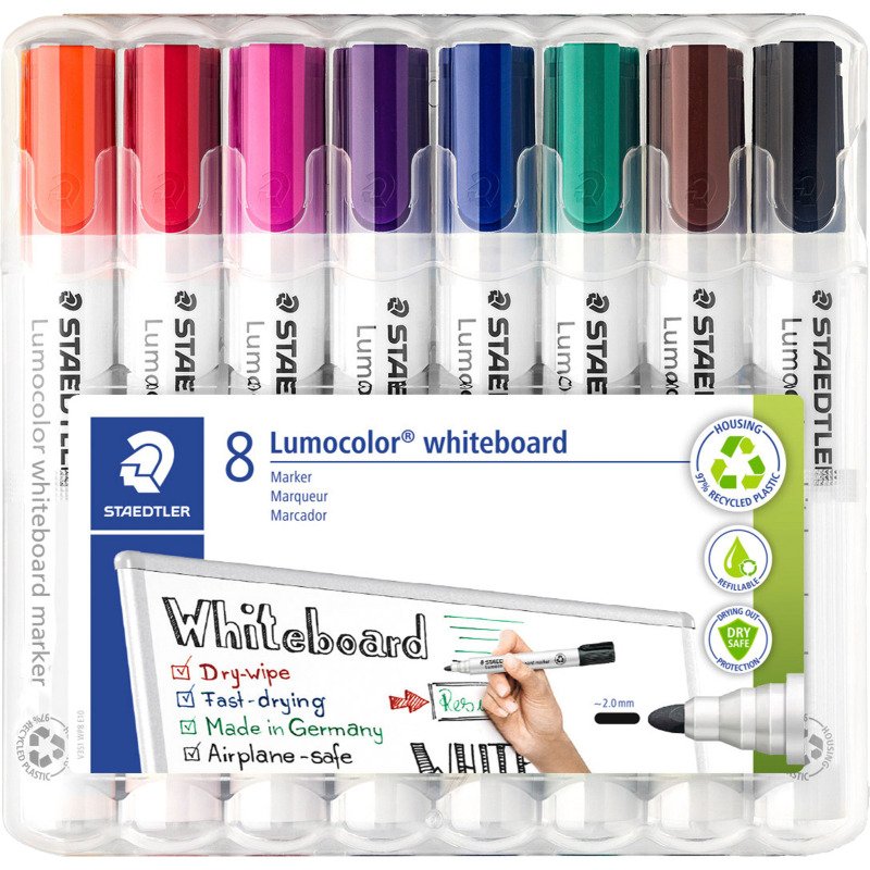 Marqueur effaçable rechargeable Staedtler Lumocolor 351 pointe ogive 2 mm - Pochette de 8