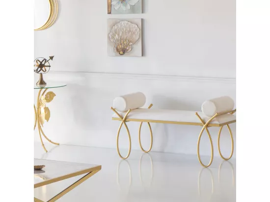 Banc en métal doré avec rembourrage blanc 112,5x49x53