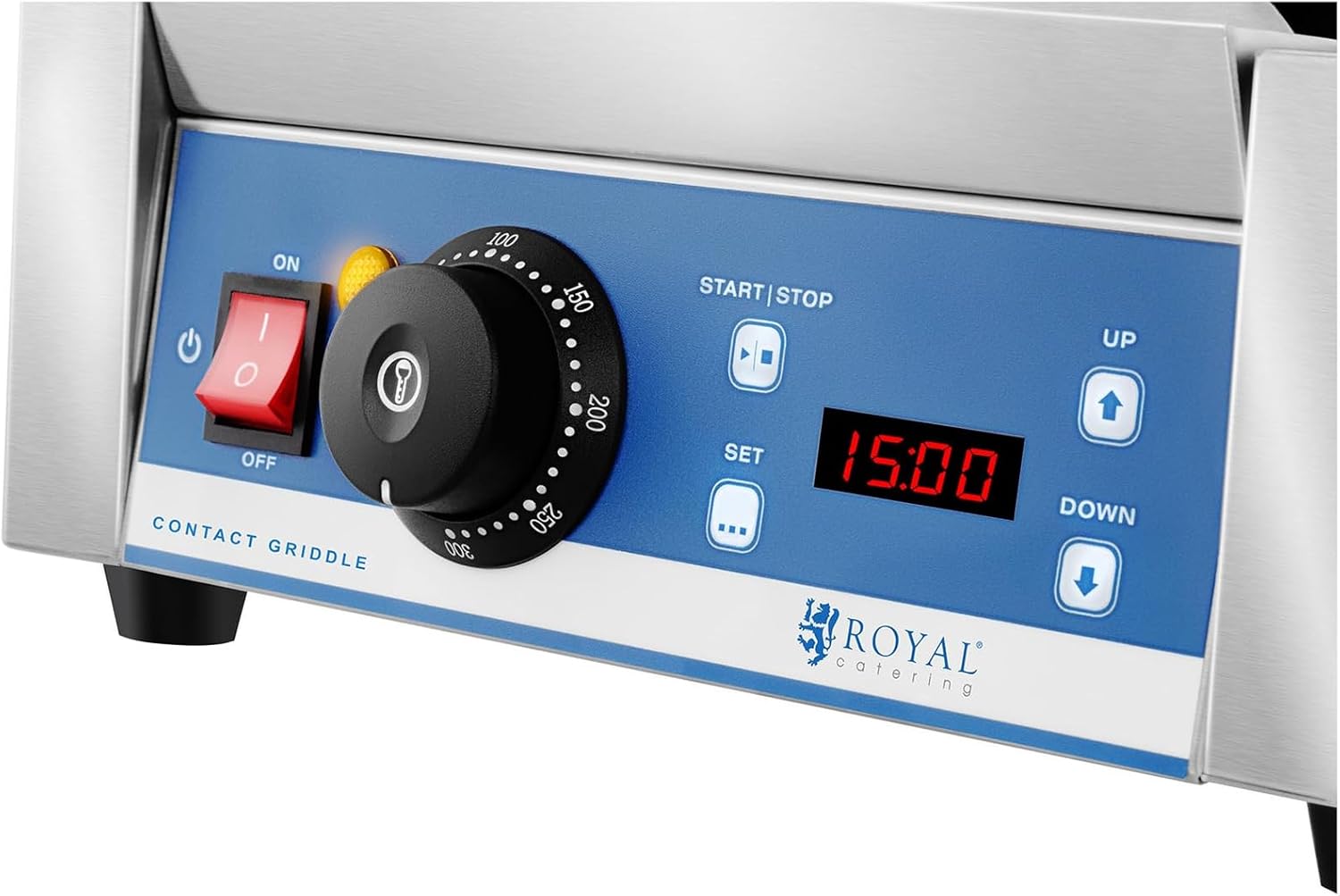 Royal Catering Kontaktgrill Elektrogrill Pannini Grill (1800 W, 55–300 °C, geriffelt, Timer 15 min, Abtropfschale, 36,2 x 31,3 x 20,1 cm, Gusseisen emailiert)