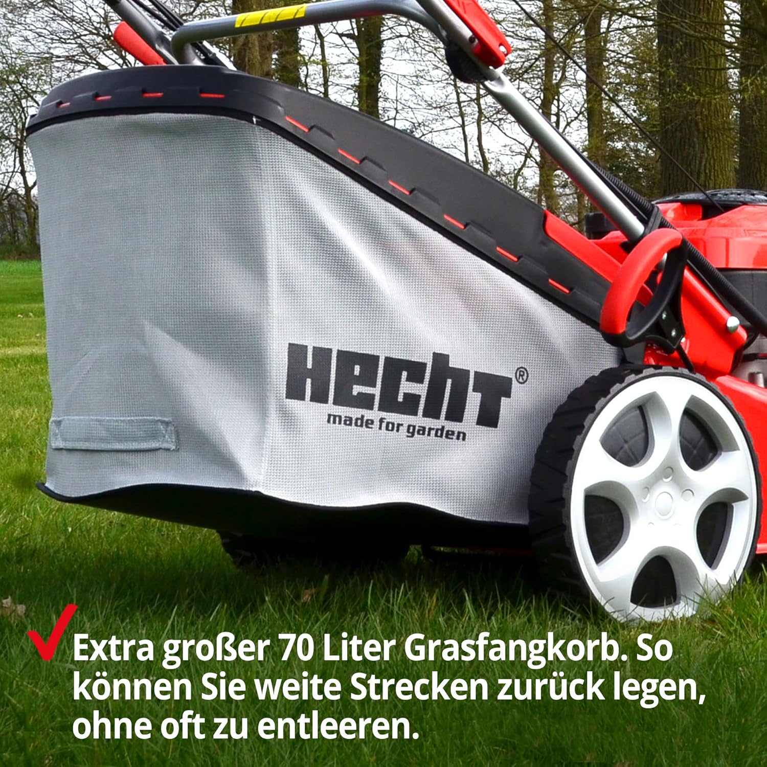 HECHT 5IN1 Rasenmäher Benzin – 4 Takt Motor mit 196 cm³ Hubraum, 56 cm Schnittbreite, 70l Grasfangkorb, 4-Gang Radantrieb, patentierte Räder, Mulchfunktion, Seitenauswurf, inkl. Öl