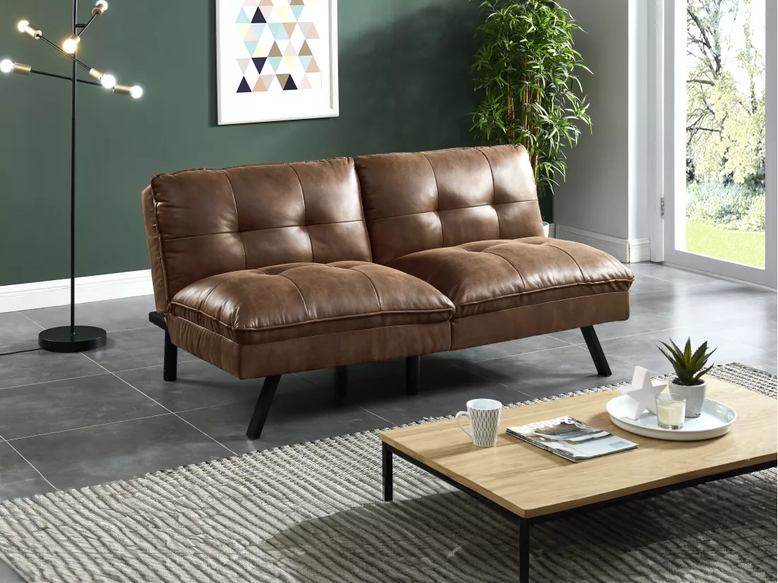Canapé convertible clic-clac 3 places en microfibre vieillie marron PEGULA II