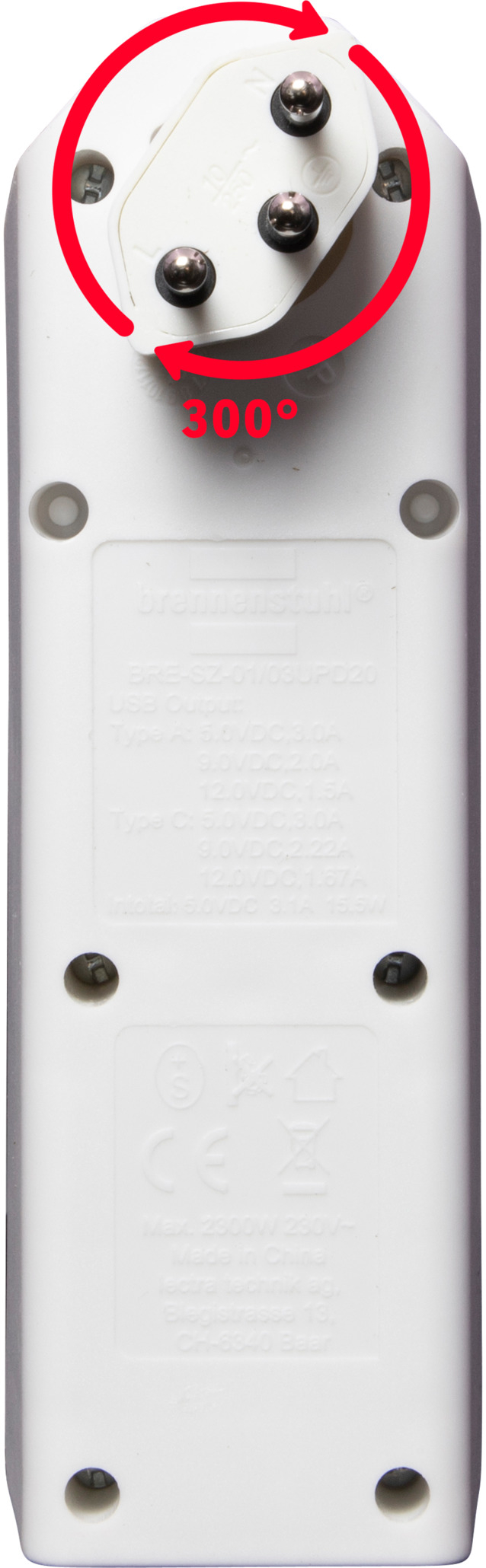 cleverLINE 300° Drehbarer 3-fach Mehrfachstecker T13 Abzweigstecker mit USB C / USB A Steckdosen Adapter 3-polig (1508342213) - Weiss
