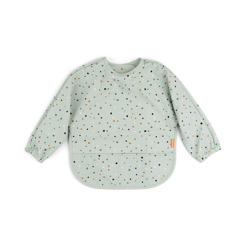Bavoir tablier manches longues avec poche - Happy Dots Vert - Ecru