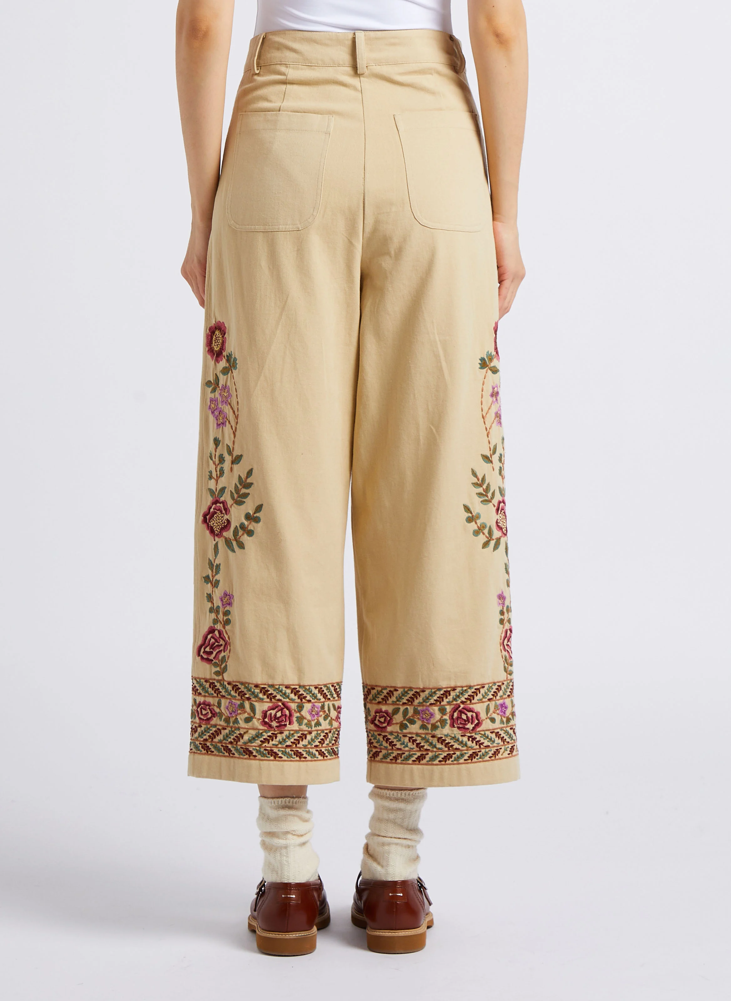 NOVINA - Pantalon large taille haute brodé en coton bio | Marron