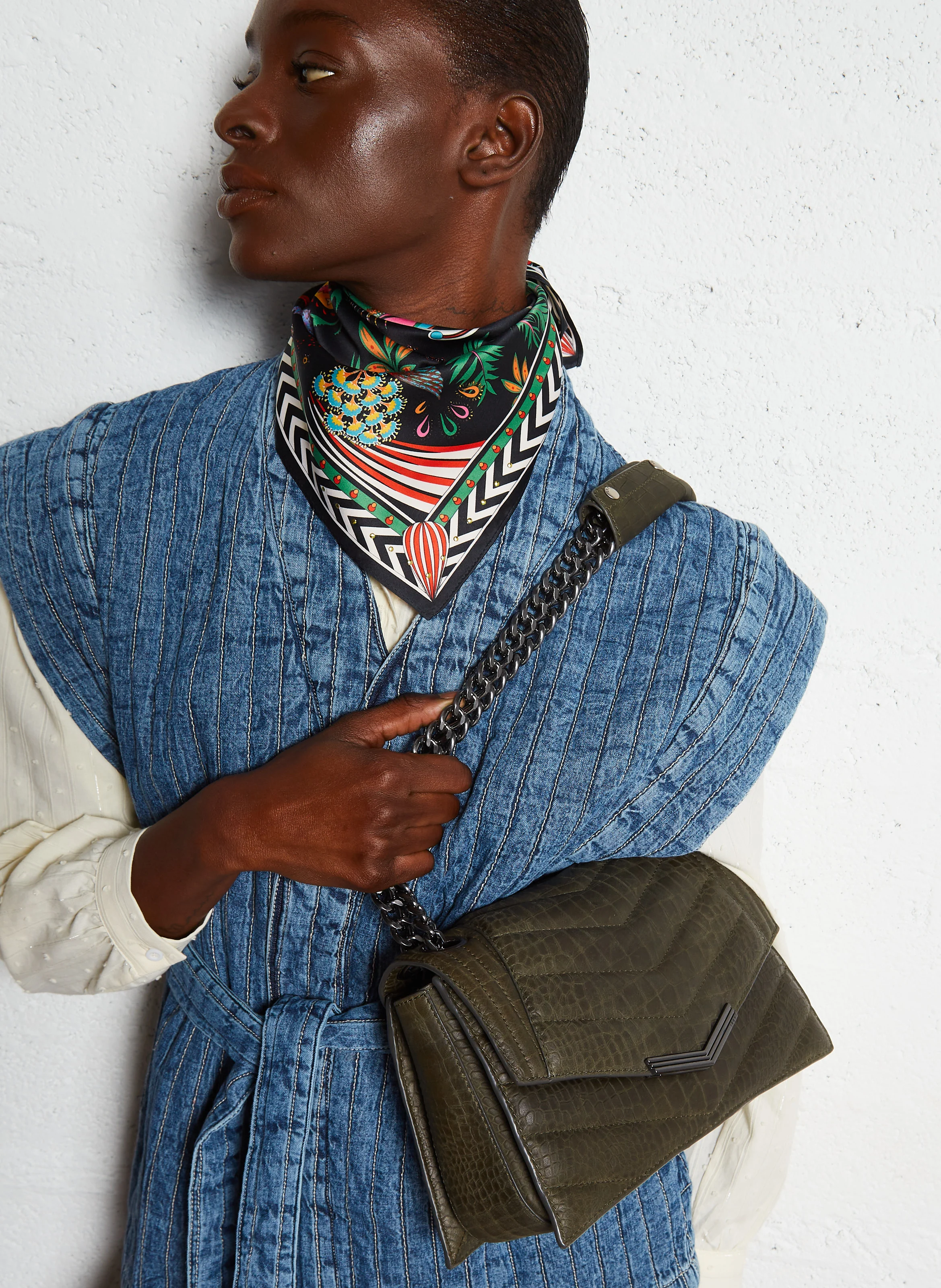 THE ONE - Sac taille M effet croco usé en cuir | Kaki