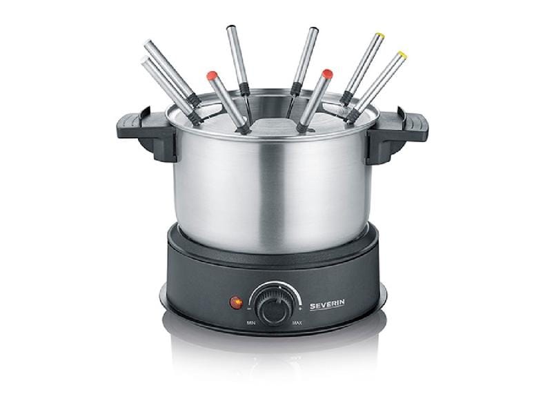 Severin Fondue-Set All-in-One 11 Teile, Schwarz/Silber Elektrisches Fondue-Set mit Edelstahltopf für 1.4 Liter Inhalt