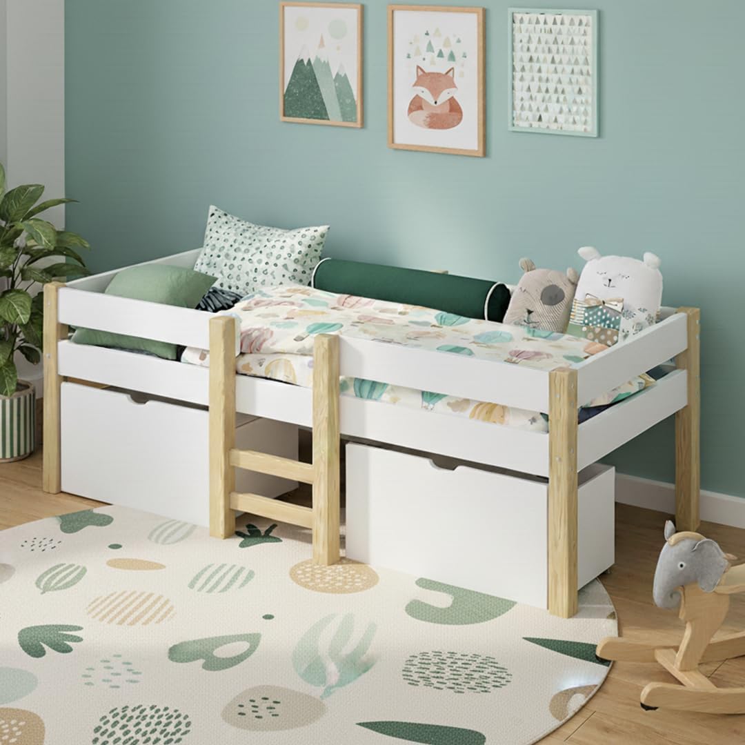 Bellabino Aspy Kinderbett 90x200 cm – Hochbett mit 2 Schubladen, Rausfallschutz & Lattenrost – Halbhochbett mit Leiter aus Kiefer Massivholz in Weiß/Natur – Jugendbett mit Stauraum
