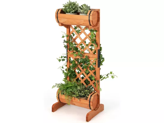 Jardinière à 2 Niveaux avec Treillis en Bois de SaBois, Bac à Fleurs pour Plante Grimpante Vigne, Lit de Jardin Résistance aux Intempéries (45,5 x 36 x 113 cm)