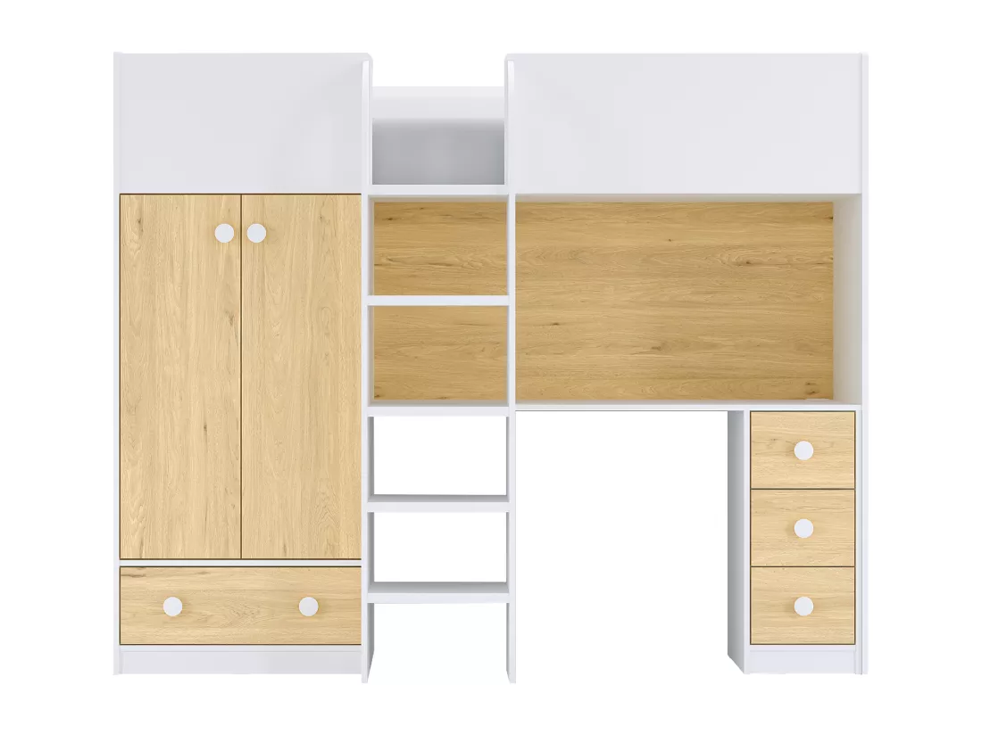 Lit mezzanine 90 x 190 cm avec armoire et bureau - Blanc et naturel - CINAMO