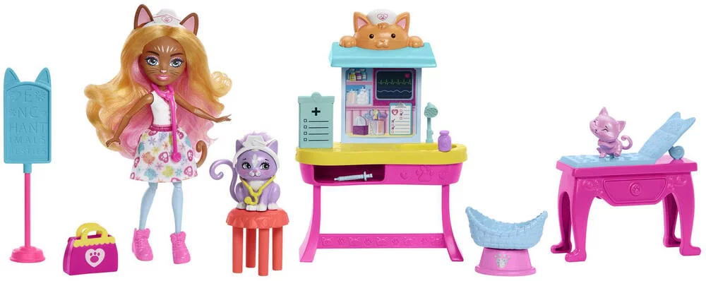 ENCHANTIMALS - POUPEE ET COFFRET BETES CITADINES CABINET DU DOCTEUR CHAT