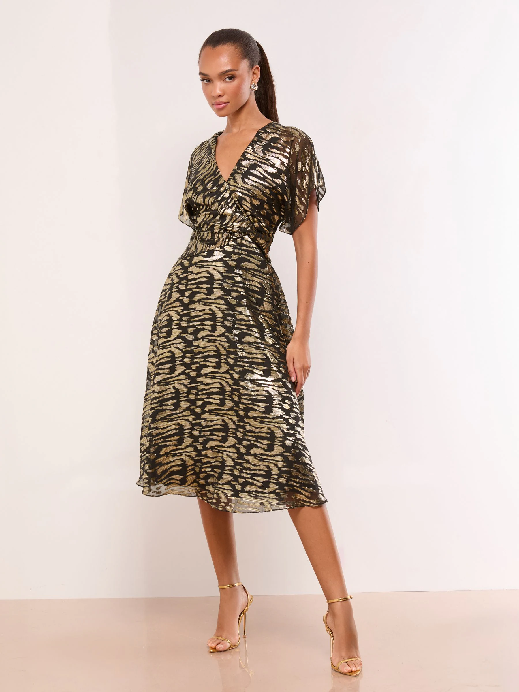 Lipsy Metallic Printed V-Neck Fit And Flare Midi Dress