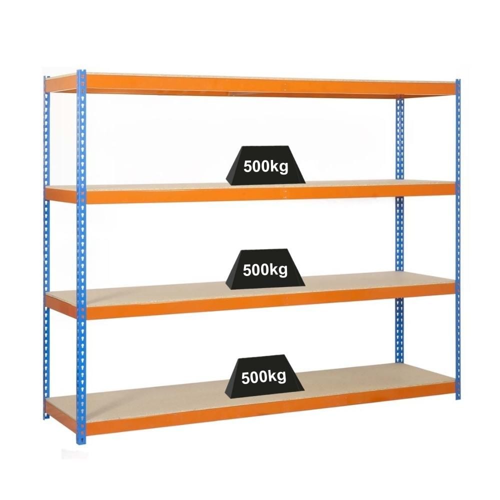 PROREGAL Heavy-Duty Stellingkast Wood Beast Four HxBxD 200 x 240 x 60 cm 4 Planken Plankdraagvermogen 400 kg Blauw-Oranje
