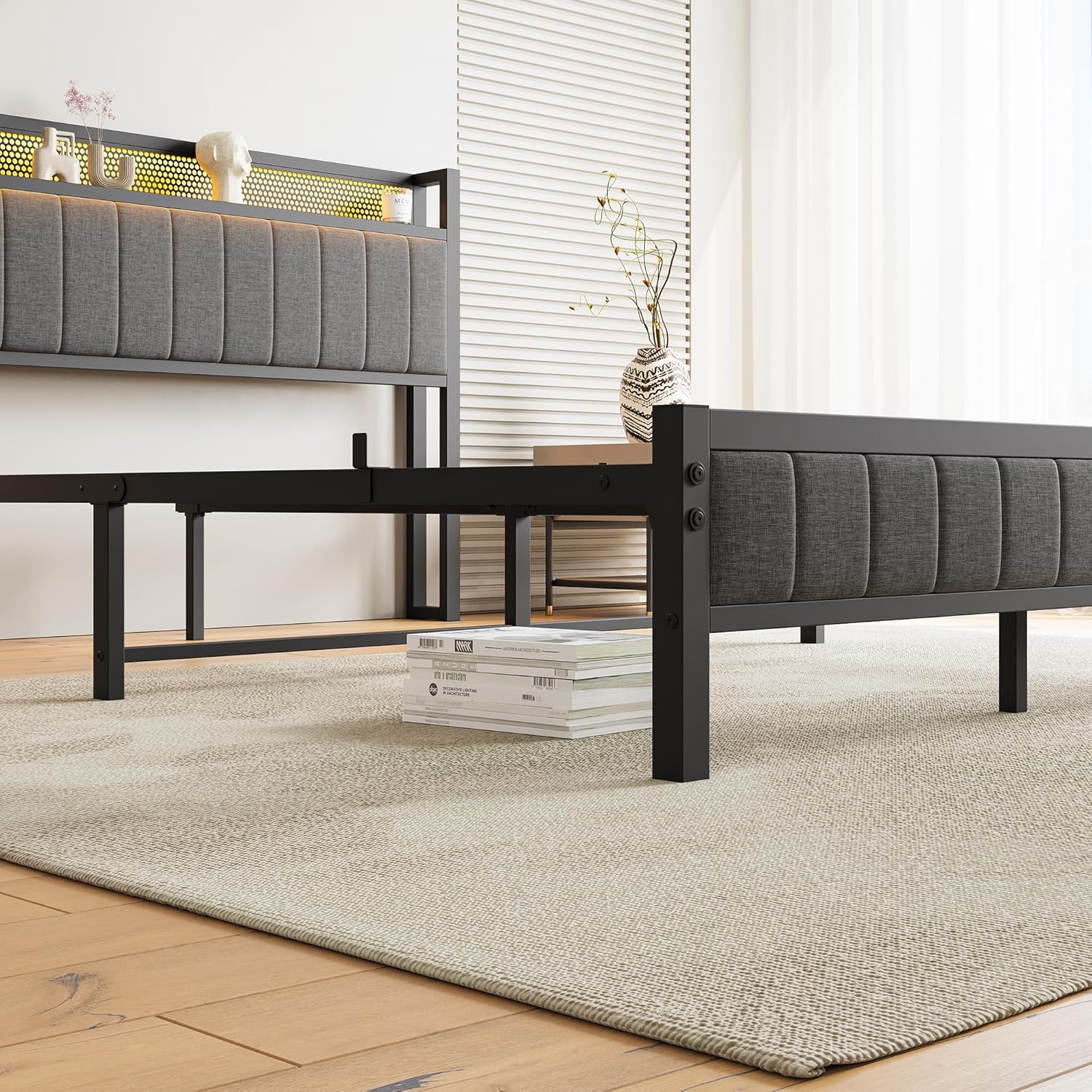 Polsterbett 160x200 mit Lattenrost aus Metall,Bettrahmen Metallbett Bettgestell 160x200 mit LED Beleuchtung,Ladestation,Doppelbett Gästebett Jugendbett,für Schlafzimmer Gästezimmer,Grau