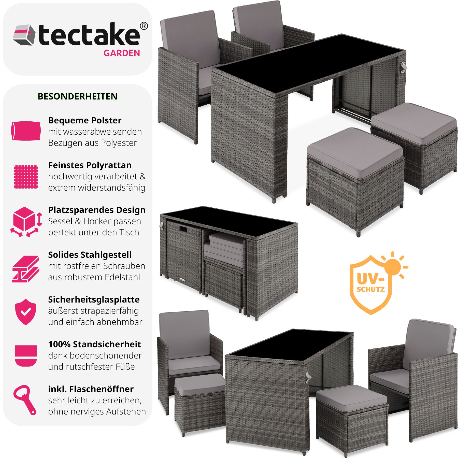 tectake® Rattan Sitzgruppe, für 2 bis 4 Personen, UV-beständig, inklusive Flaschenöffner, zusammenschiebbar