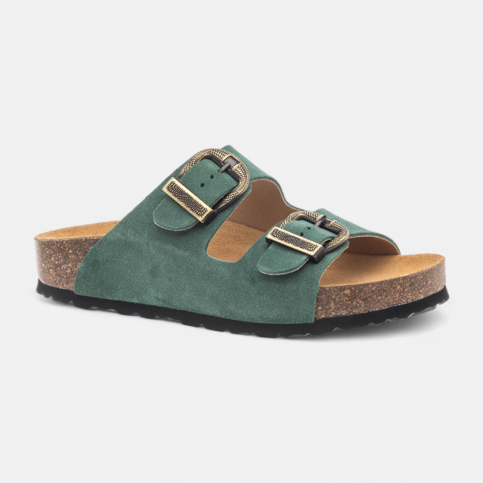 Mules semelle liège Femme en cuir vert