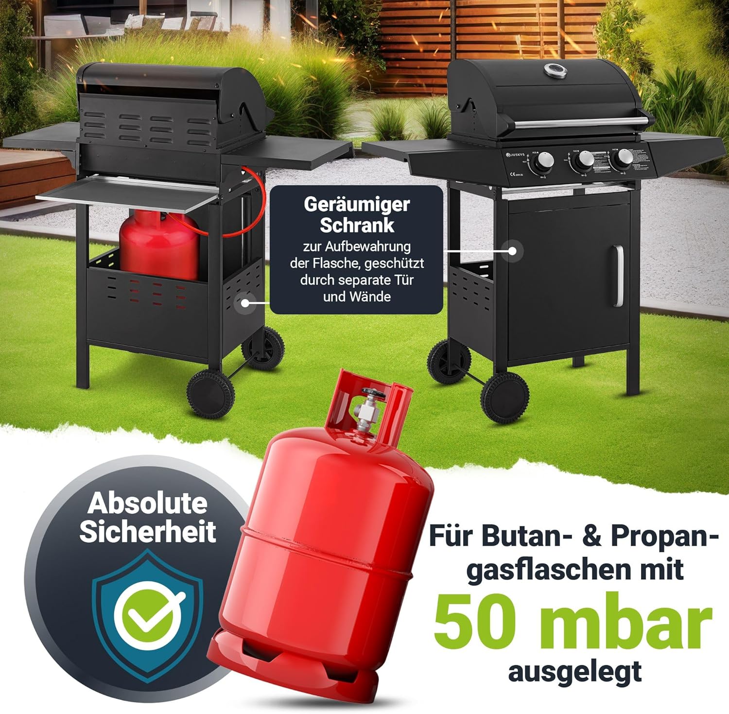 Juskys Gasgrill Louisiana 3 Brenner 8,1 kW – BBQ Grillwagen mit Deckel, Grillrost & Warmhalterost, Grill mit Thermometer, Seitenablagen & Abdeckplane