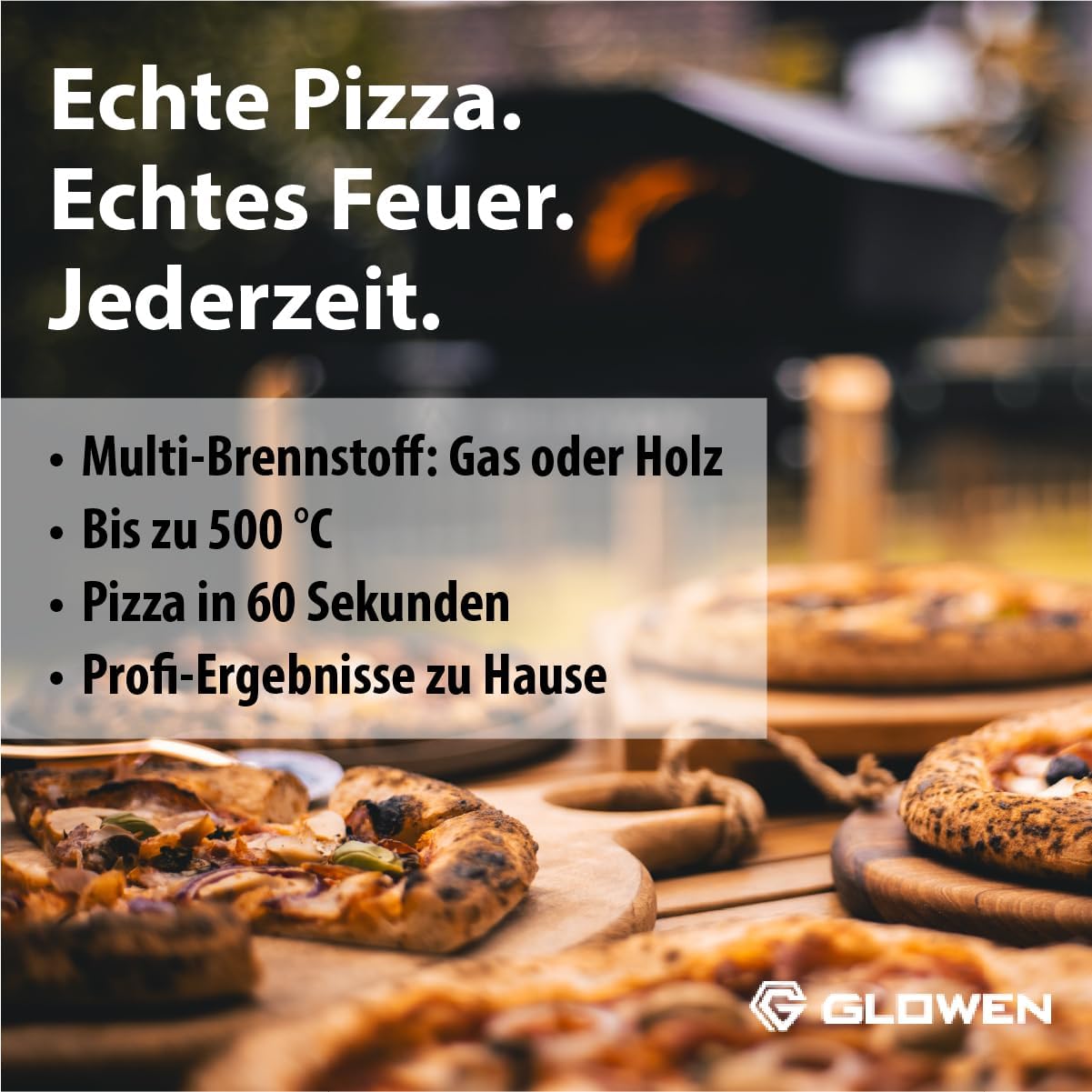 Glowen Raptor Pizzaofen Gas und Holz - Multi-Brennstoff Pizza Ofen Outdoor für Pizzen bis 34 cm – Erreicht in nur 25 Minuten 500 °C – Rolling Flame Technology – 20 mm Schamottstein (Schwarz)