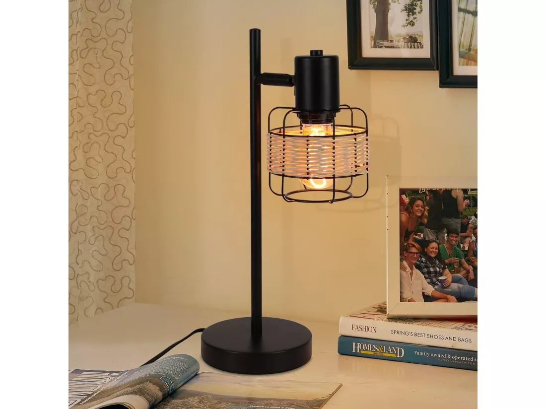 NETTLIFE lampe de table lampe de chevet vintage lampe rétro salon noir en rotin métal E27