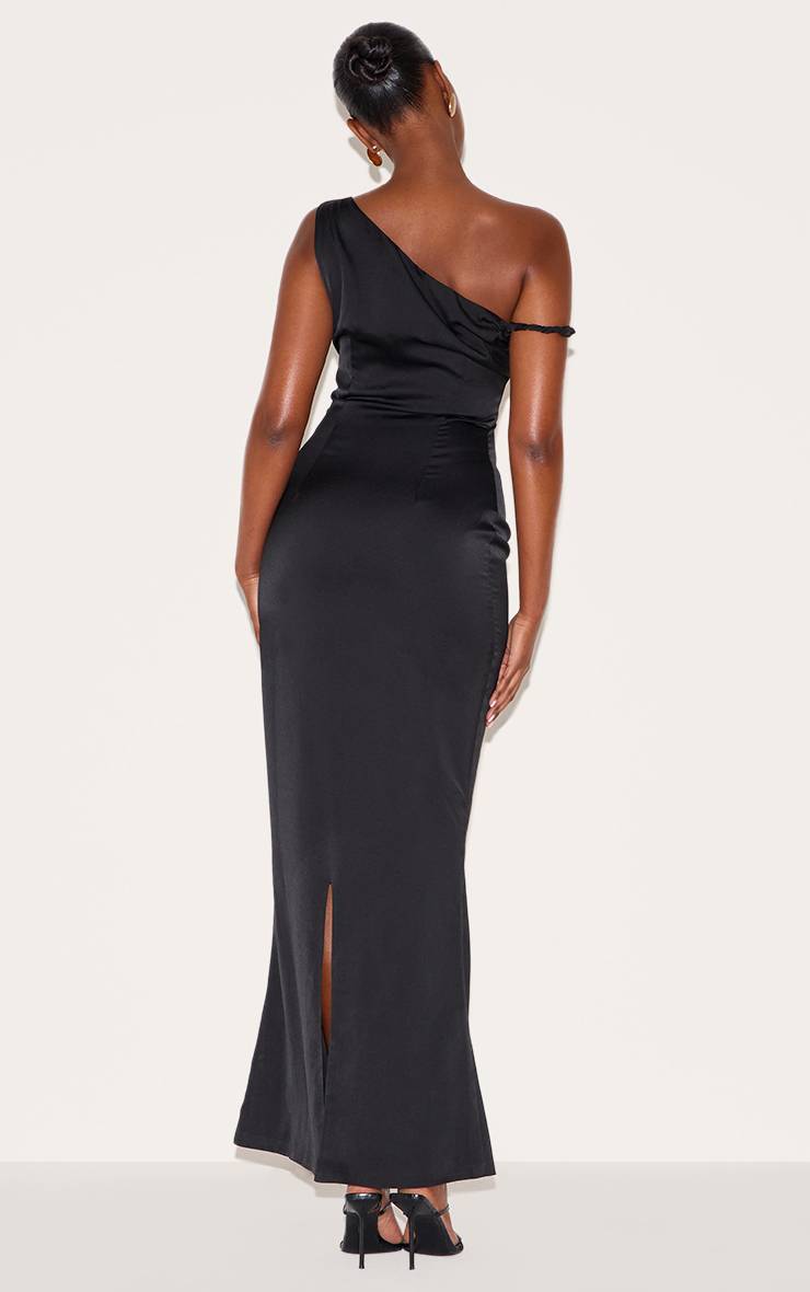 Noir Robe Longue Asymétrique En Satin Avec Col Bardot Torsadé
