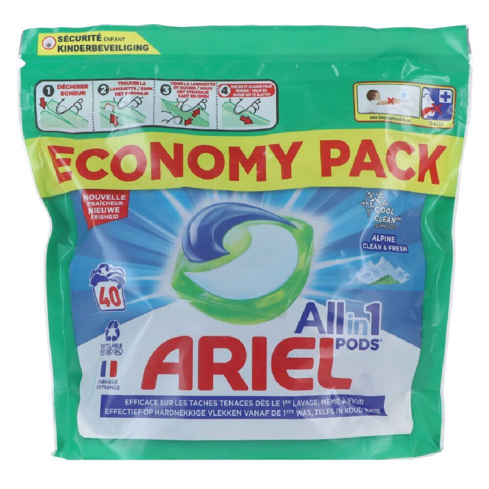 Ariel pods tout-en-1 senteur Alpine 40 lavages pack économique