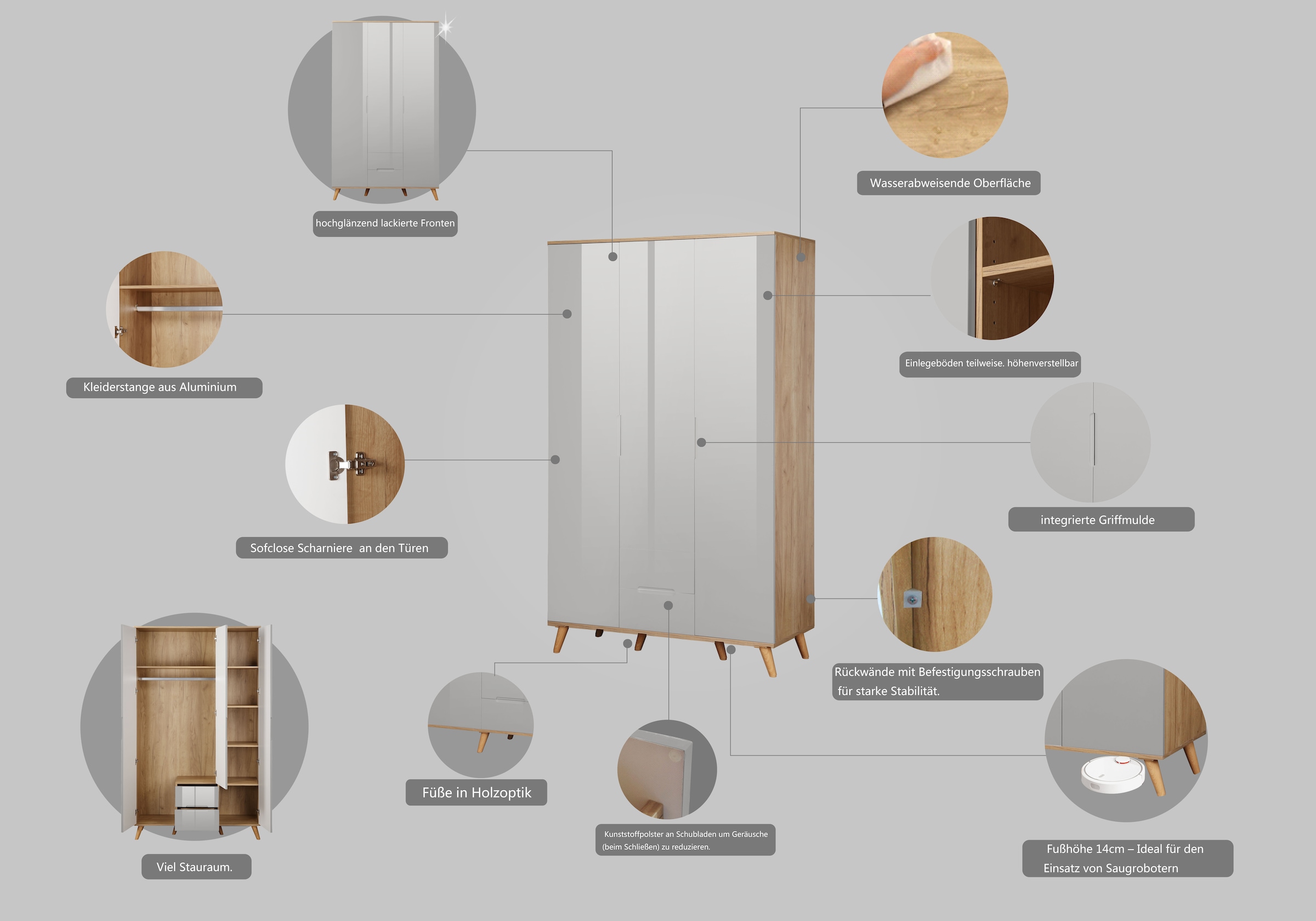 andas Kleiderschrank »Lund Schlafzimmerschrank Bestseller im skandinavischem Design« Garderobenschrank mit Premium Innenausstattung, Breite 120cm