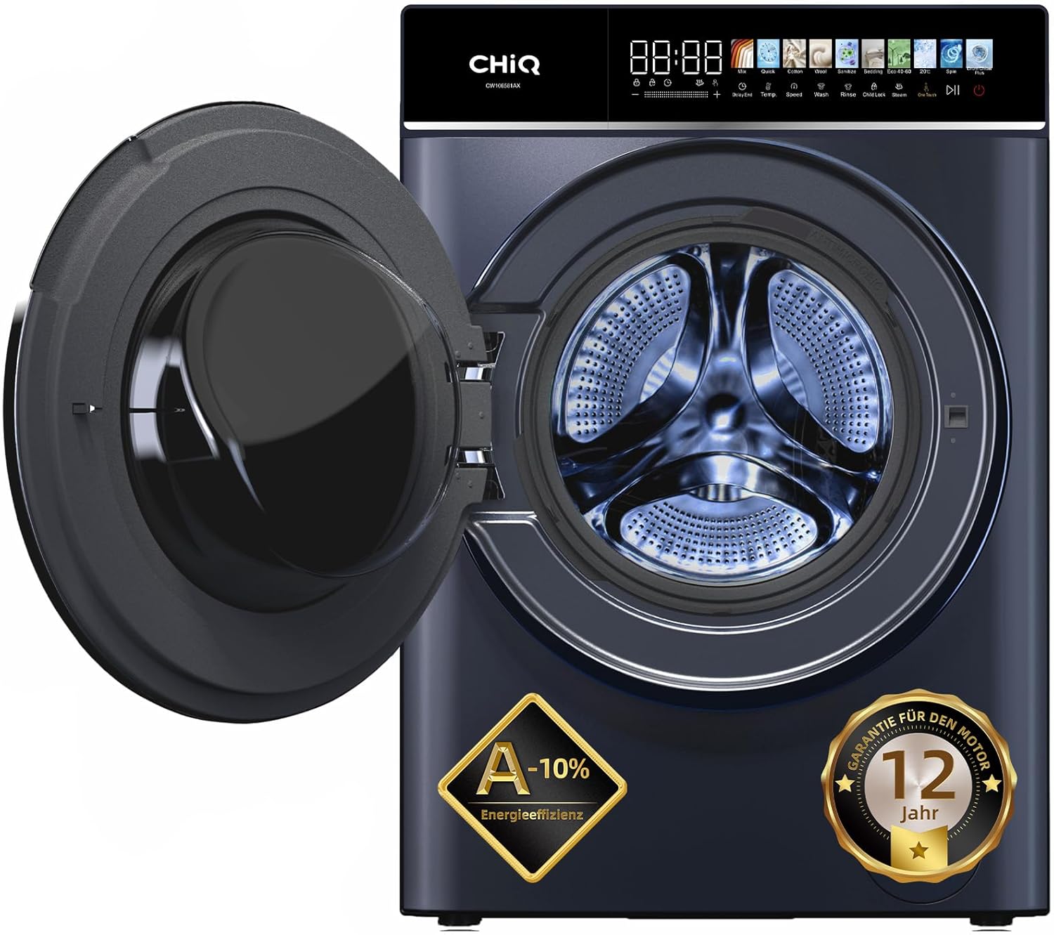 CHiQ CW106581AX Waschmaschine 10 kg, EEK A-10%| LED-Touchscreen, 1400 U/M | 12 Waschzyklen Speed Wash, Eco, Dampf, Timer| Frontlader washer, Wohnungen, Hotels, Schwarz
