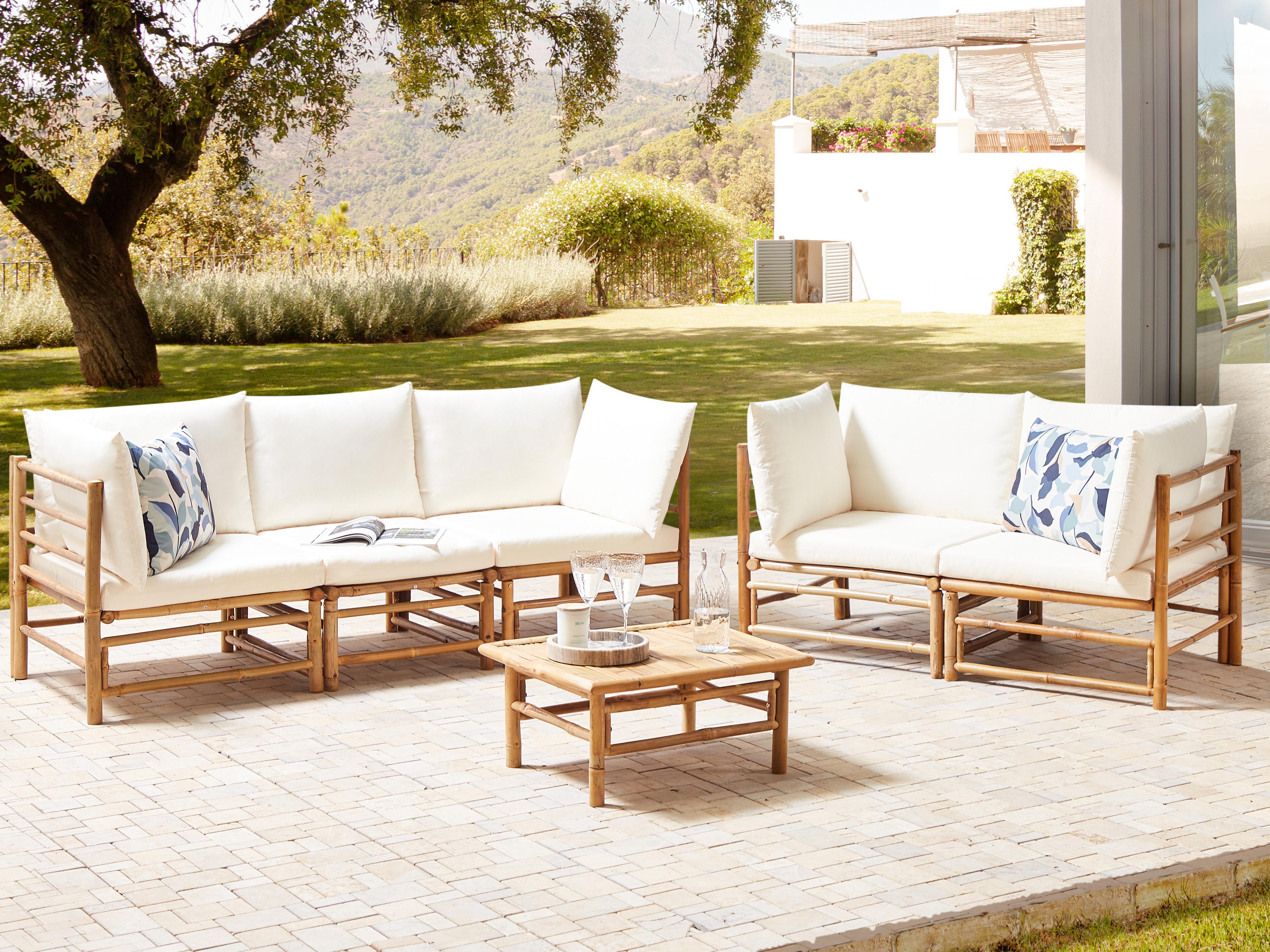 Loungeset met tafel 5-zits CERRETO Bamboehout Gebroken wit