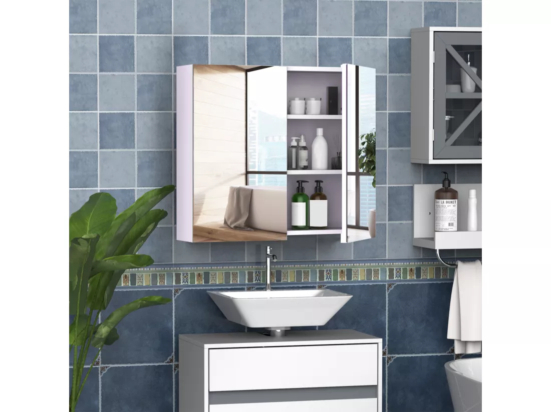 Armoire miroir murale de salle de bain 3 étagères réglables dim. 70L x 60H cm blanc