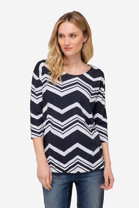T-Shirt, oversized, Zacken Muster, U-Boot-Ausschnitt, 3/4-Ärmel