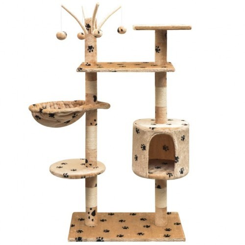 Arranhador para gatos com poste para arranhar, cinza, com pegadas de patas.