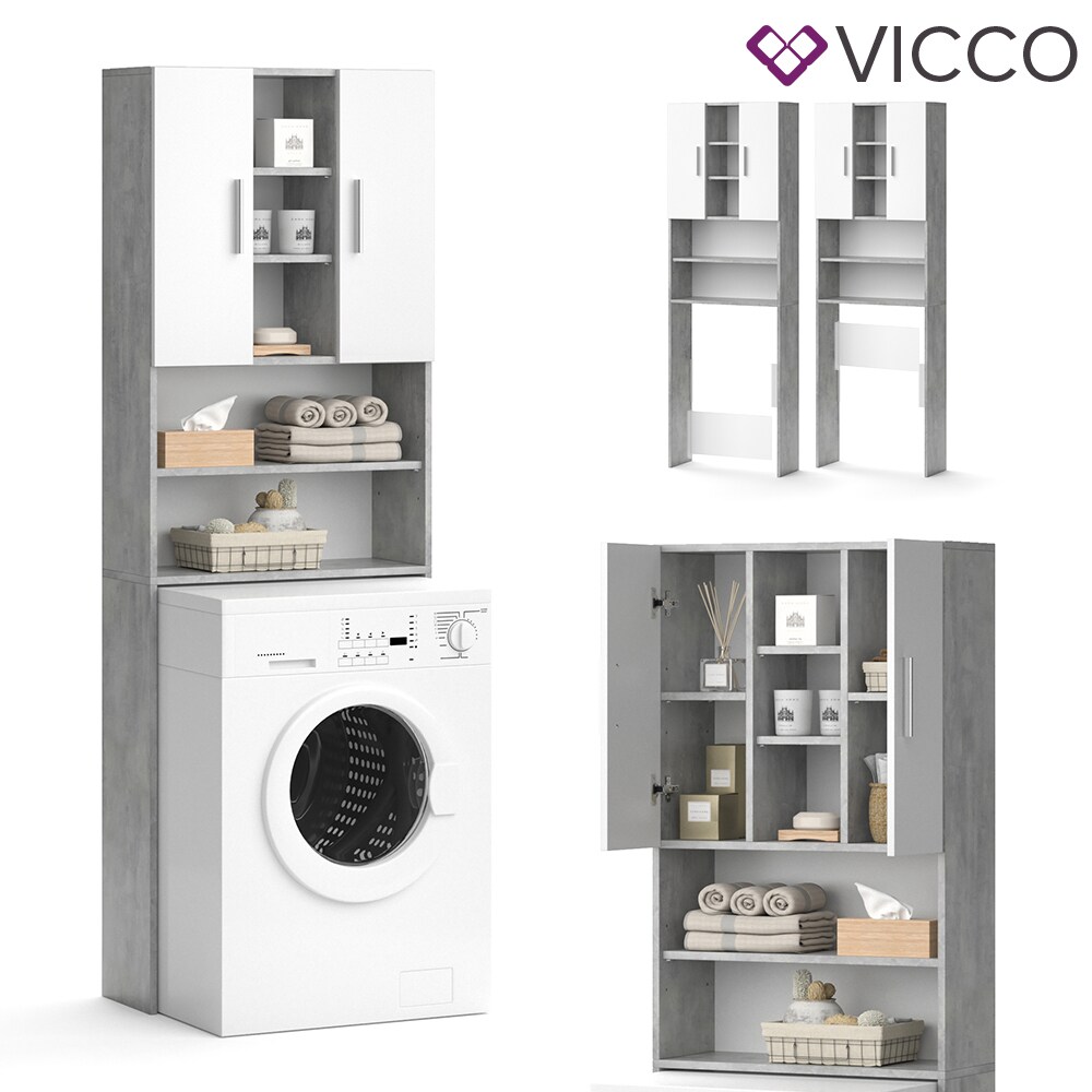 VICCO Waschmaschinenschrank LUIS 190x64cm Weiß Beton Badschrank Hochschrank