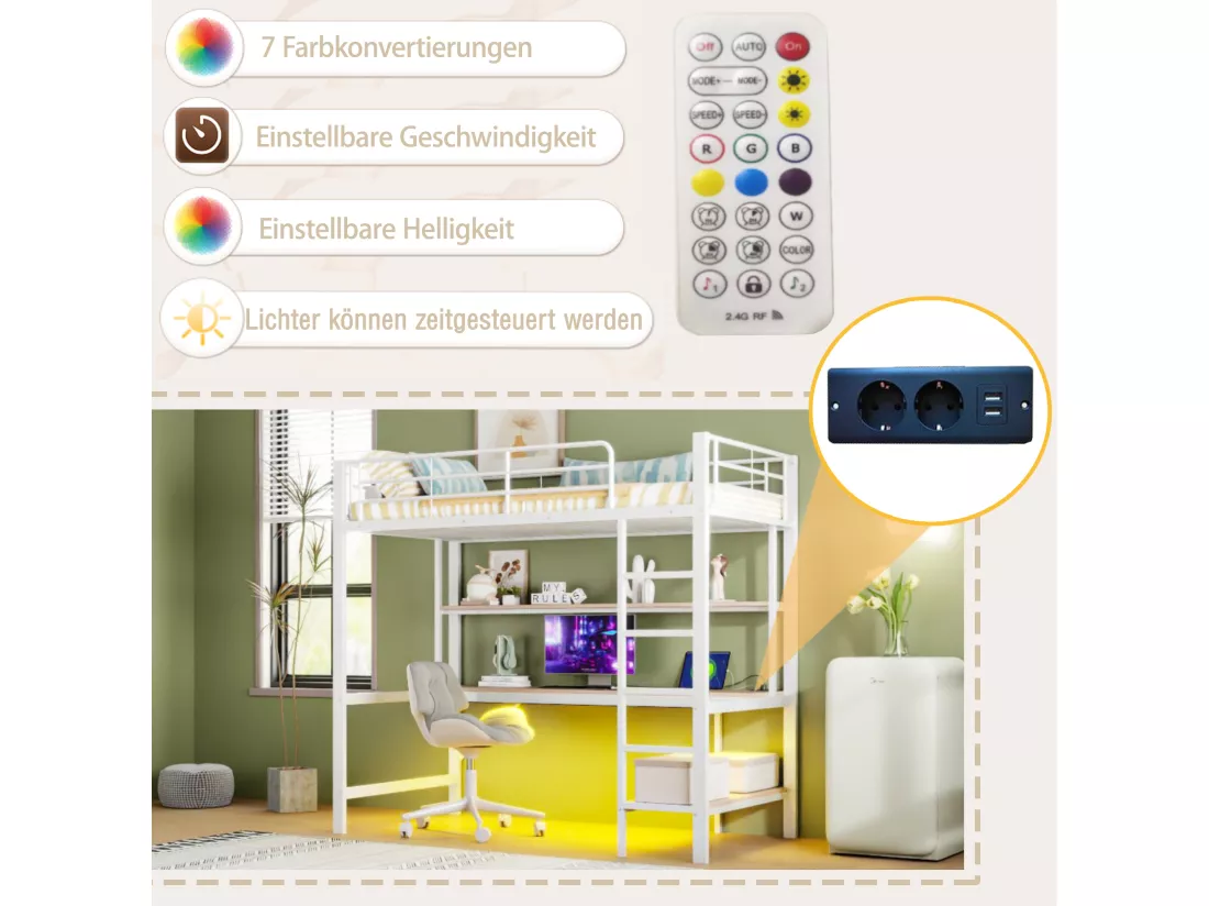Lit mezzanine garde-corps et escabeau - 90 x 200 cm - avec USB et secteur - LED et bureau - sans matelas - métal - white