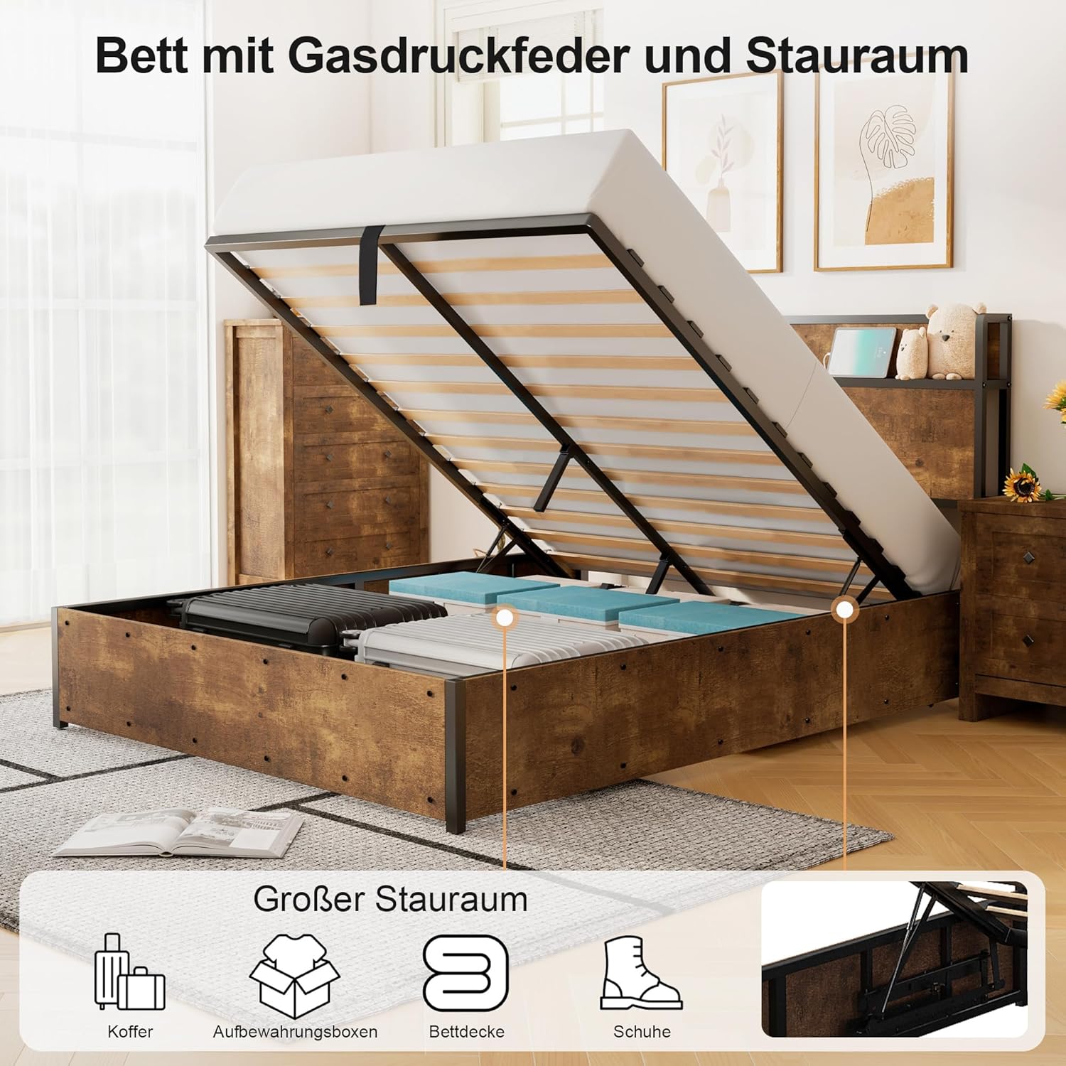 Bett mit Stauraum und Hebemechanismus, Plattformbett mit Kopfteil aus Holz, Staufächern und Ladestation, Ohne Matratze (Braun, 140x200cm)