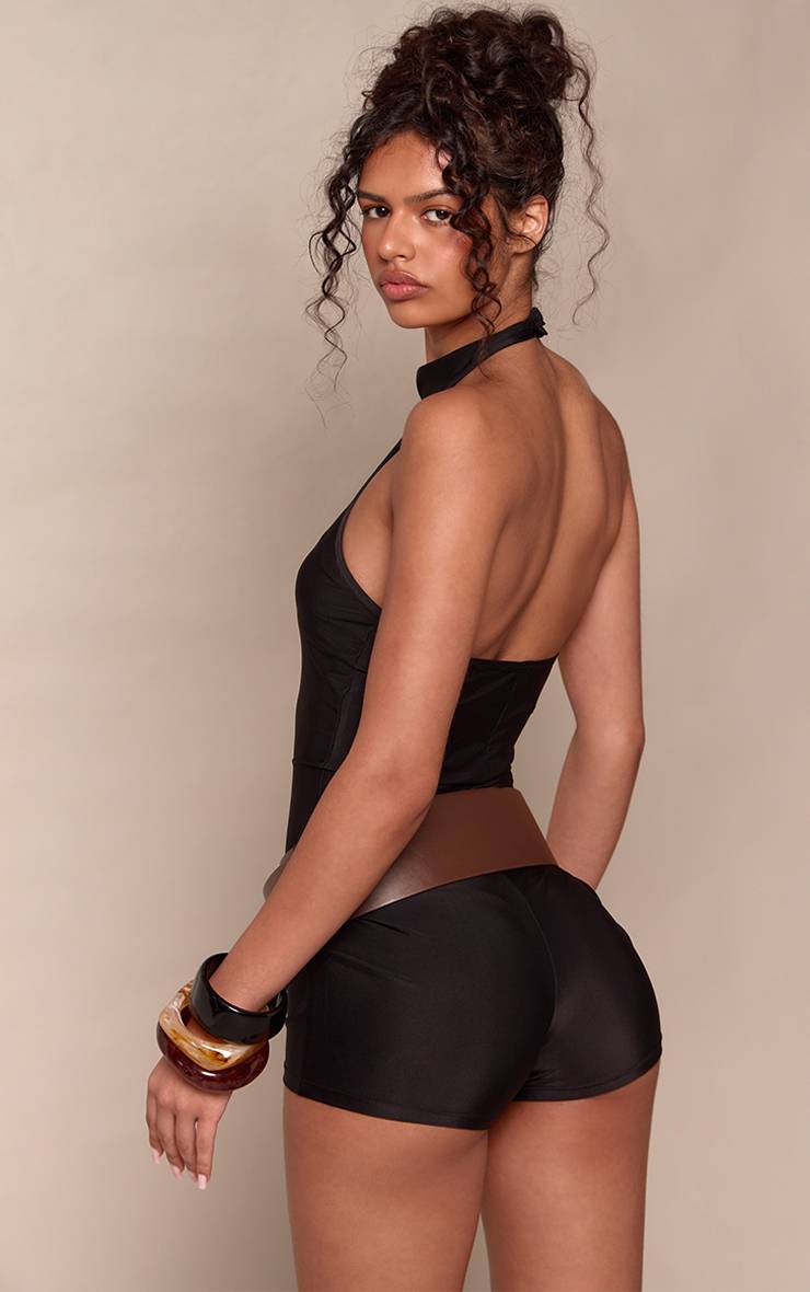 Noir Combinaison-short Moulante Double Couche Avec Ceinture Surdimensionnée