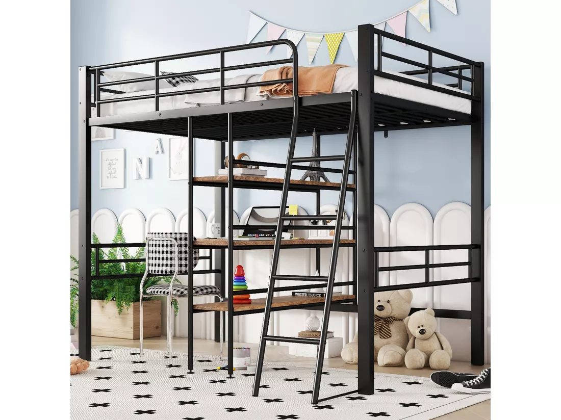 Lit mezzanine 90x200cm - avec bureau et étagères de rangement - Noir