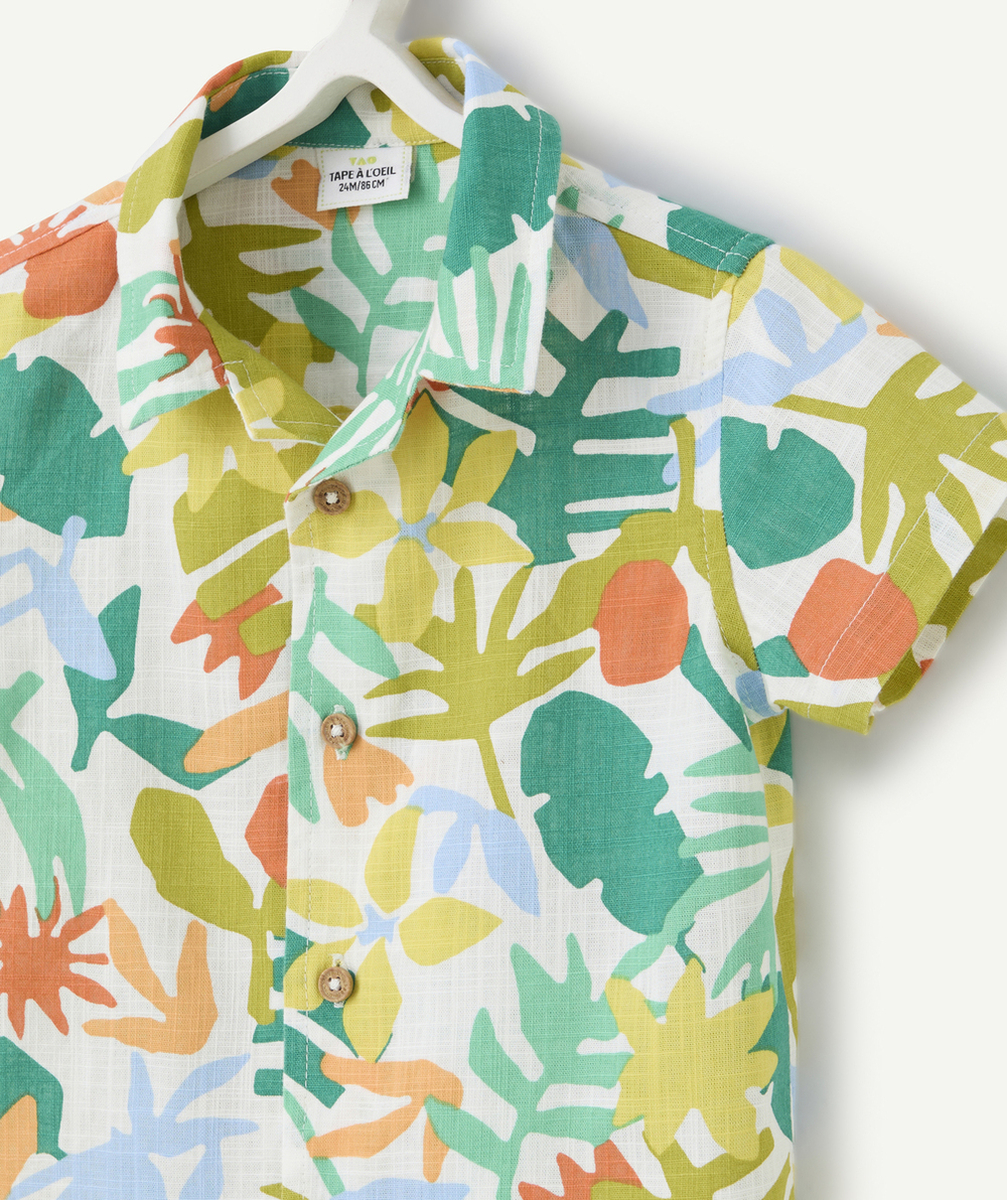 chemise manches courtes bébé garçon en coton bio blanche imprimé tropical