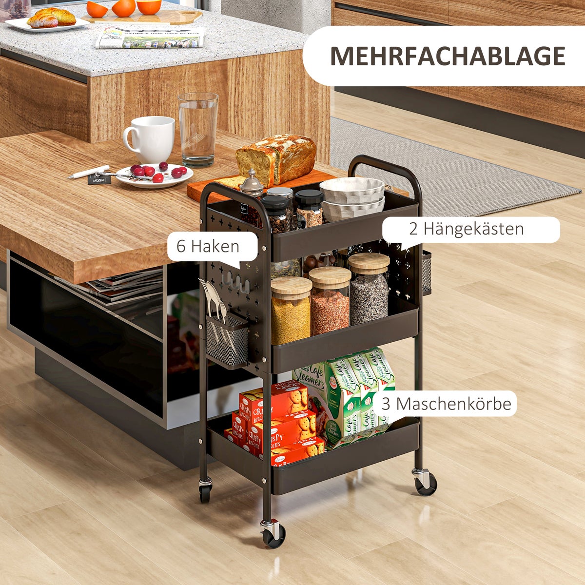 HOMCOM Rolwagen, Serveerwagen met 3 Planken, 2 Hangmanden, Opbergwagen met Handvat, Keukenwagen, Bijzettafel voor Keuken, Woonkamer, Staal, Zwart