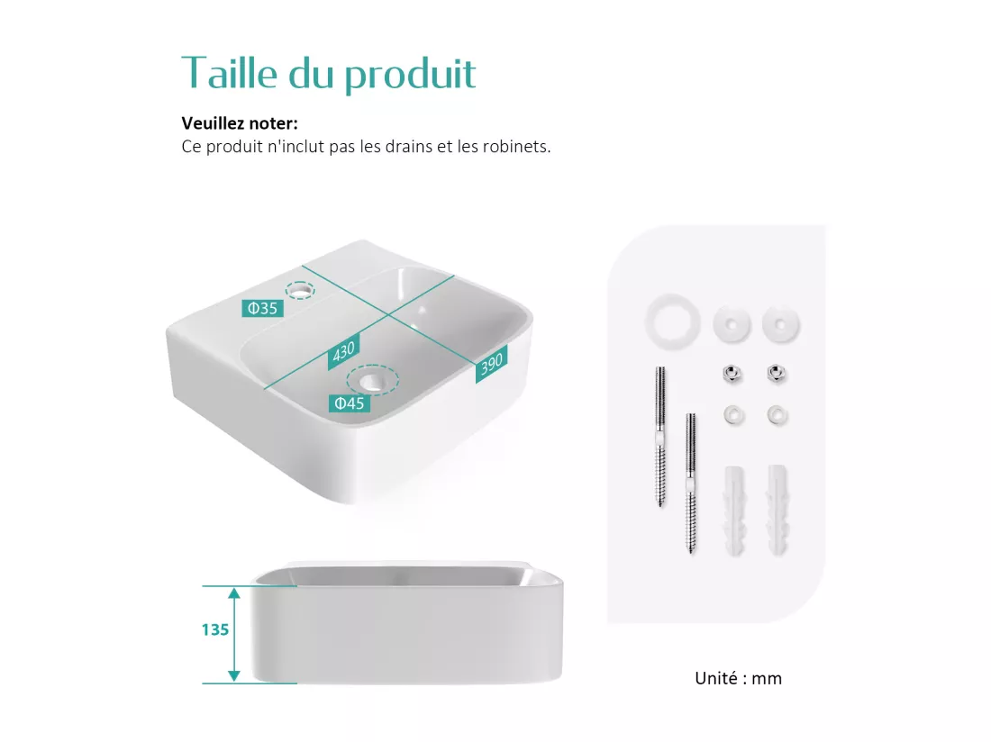 EMKE Vasque à Poser en céramique 43,5×39,5×13cm, Lavabo rectangulaire avec robinet trou prépercé, Lavabo à poser blanc brillant