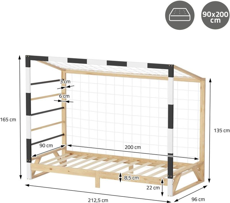 ML design - Kinderbed - Voetbaldoel - Houten Bed - 90x200 cm - Met Lattenbodem en Klimladder