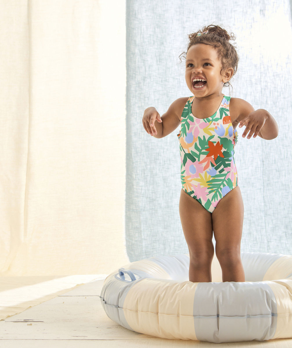 MAILLOT DE BAIN 1 PIÈCE BÉBÉ FILLE EN FIBRES RECYCLÉES IMPRIMÉ TROPICAL