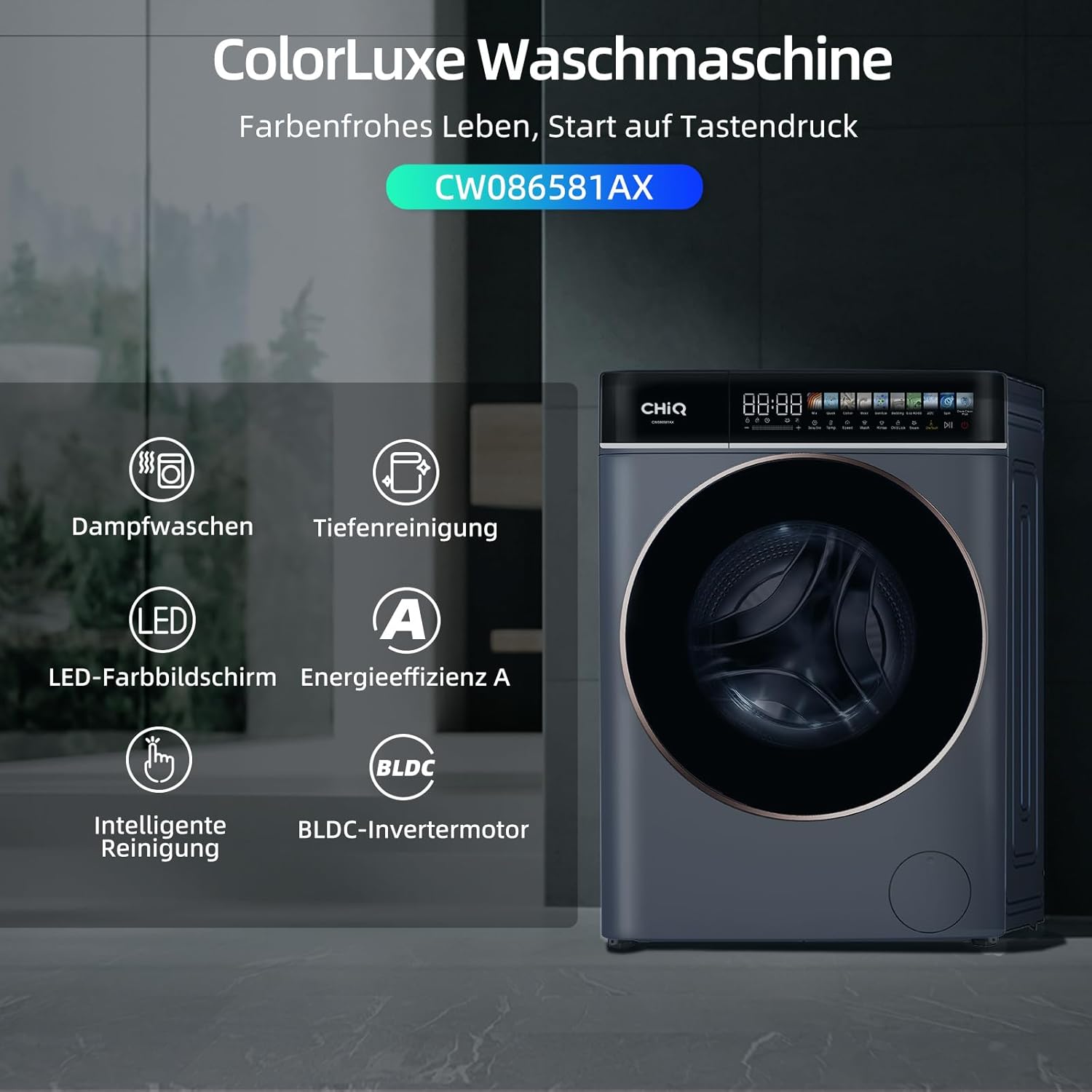 CHiQ Waschmaschine 8kg Frontlader, EEK A-10%, Touchscreen-Steuerung 12 Programme| 520mm D, 1400 U/min, 15Min Schnellwäsche, Großtrommel| Inverter Motor, Antibakterielle Türdichtung, Schwarz 2025