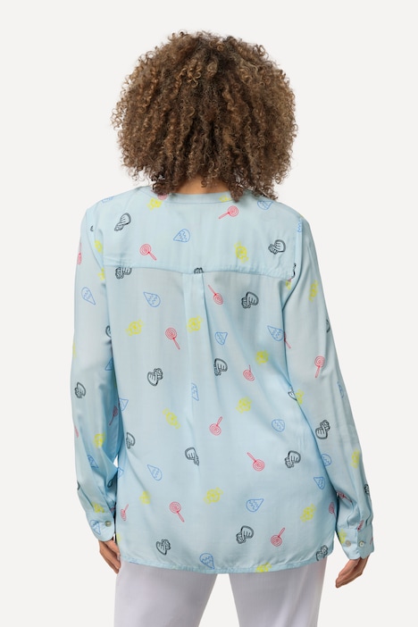 Bluse, Comic-Druck, Stehkragen, V-Ausschnitt, Langarm