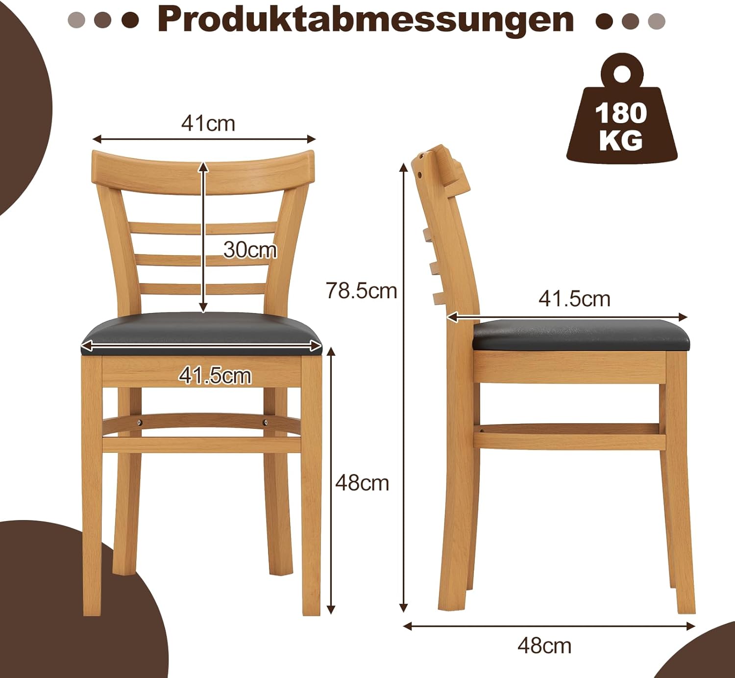 COSTWAY Esszimmerstühle 2er Set, Küchenstühle Holz, Esstisch Stühle mit gepolsterter Sitz, Holzstühle bis 180 kg belastbar, für Esszimmer, Küche (Natur)