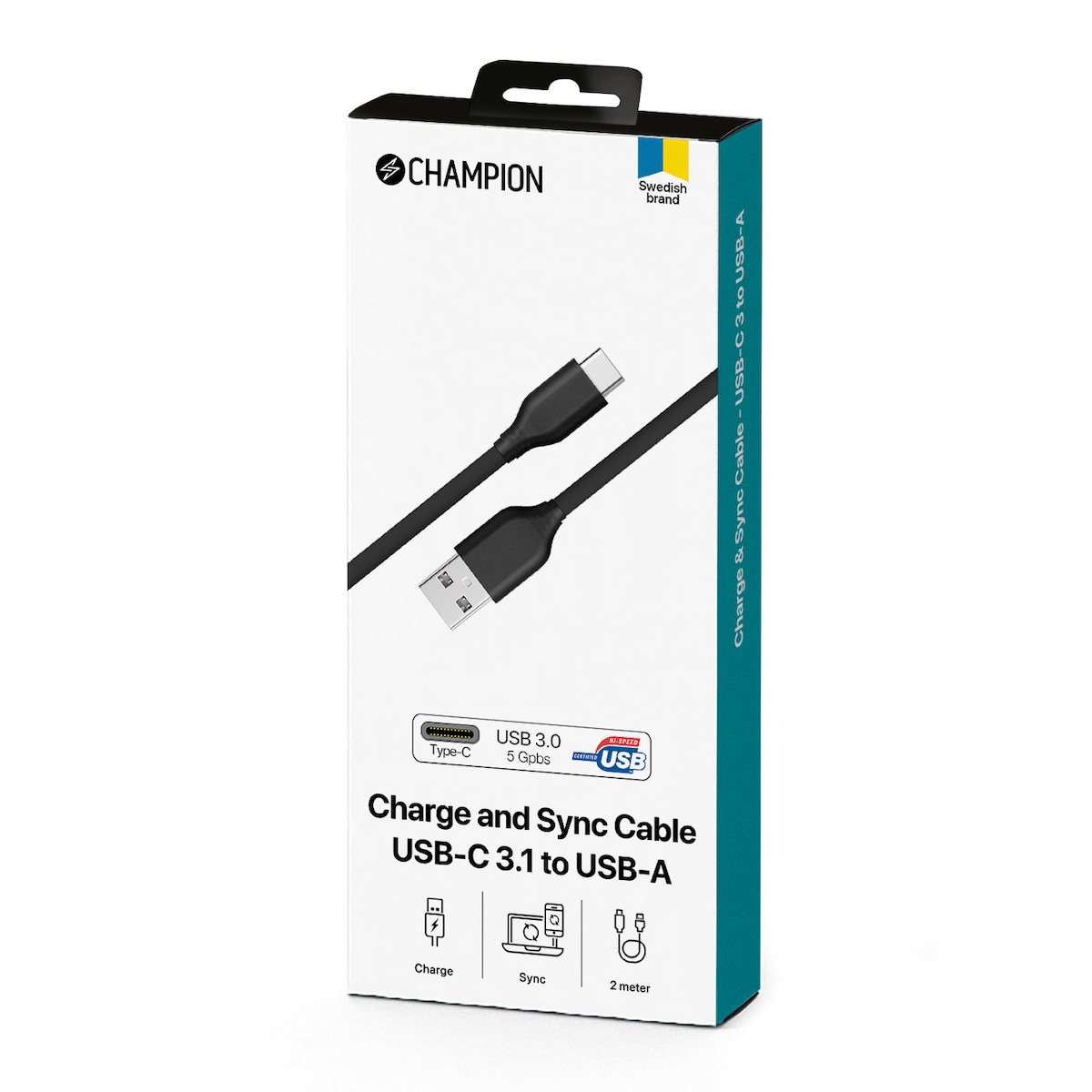 Champion USB-A til USB-C-kabel 2m Sort