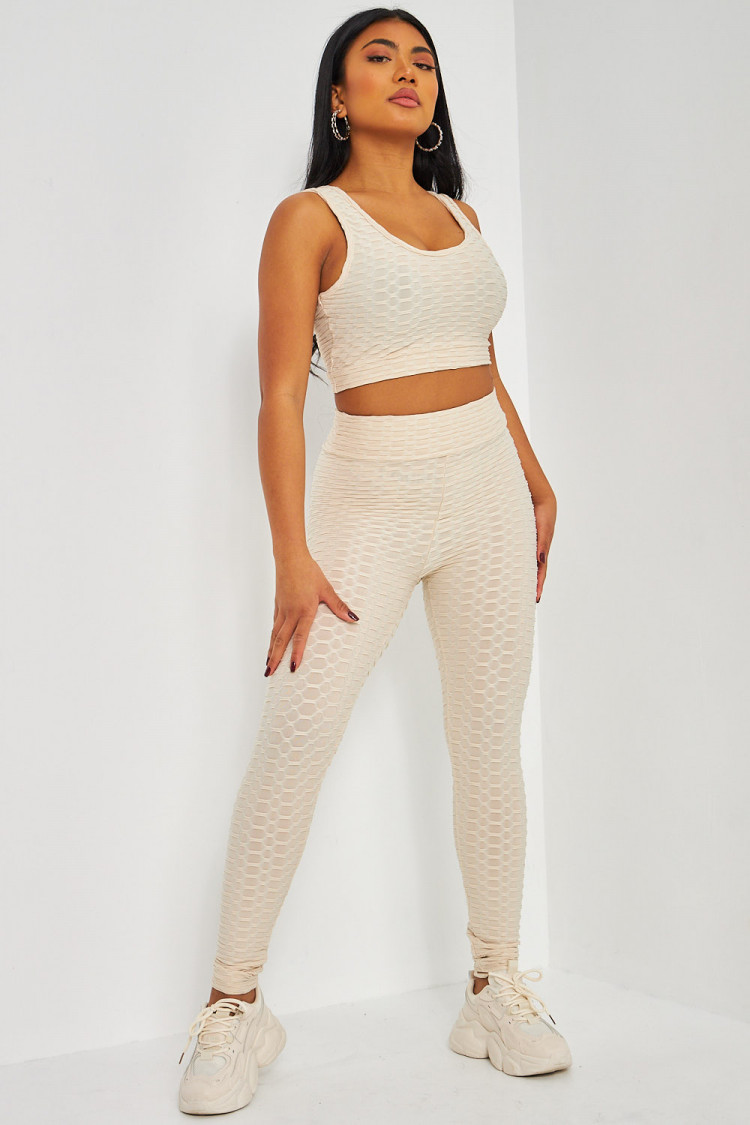 Ensemble 2 pièces crop top + legging texturé beige