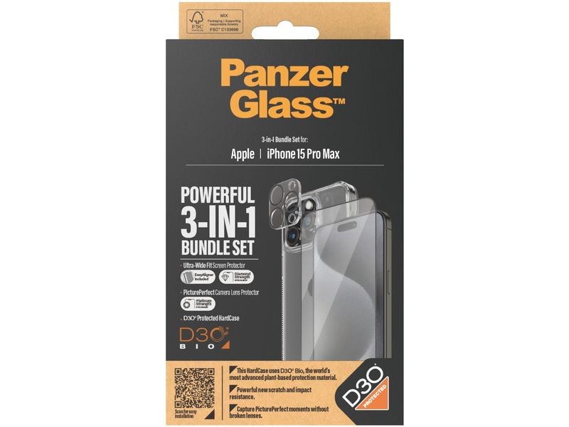 Panzerglass 3-in-1 Bundle iPhone 15 Pro Max 3-in-1 Set mit Bildschirmfolie, Schutzhülle und Kamera-Schutz für das Apple iPhone 15 Pro Max