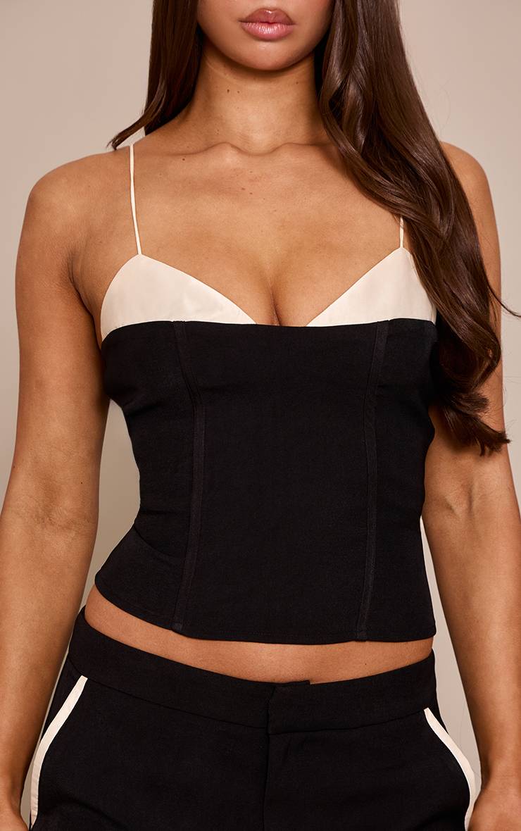 Noir Haut Caraco Ajusté Tissé À Buste Contrasté En Satin