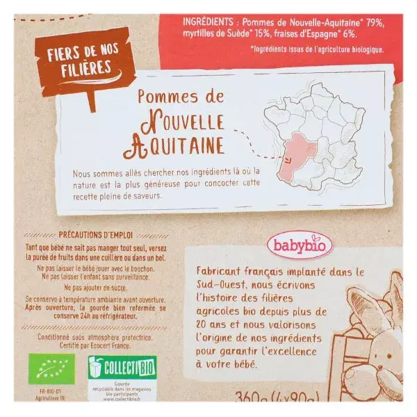 Babybio Maçã da Provença Mirtilo Morango Sachês +6m Orgânico 4 x 90g