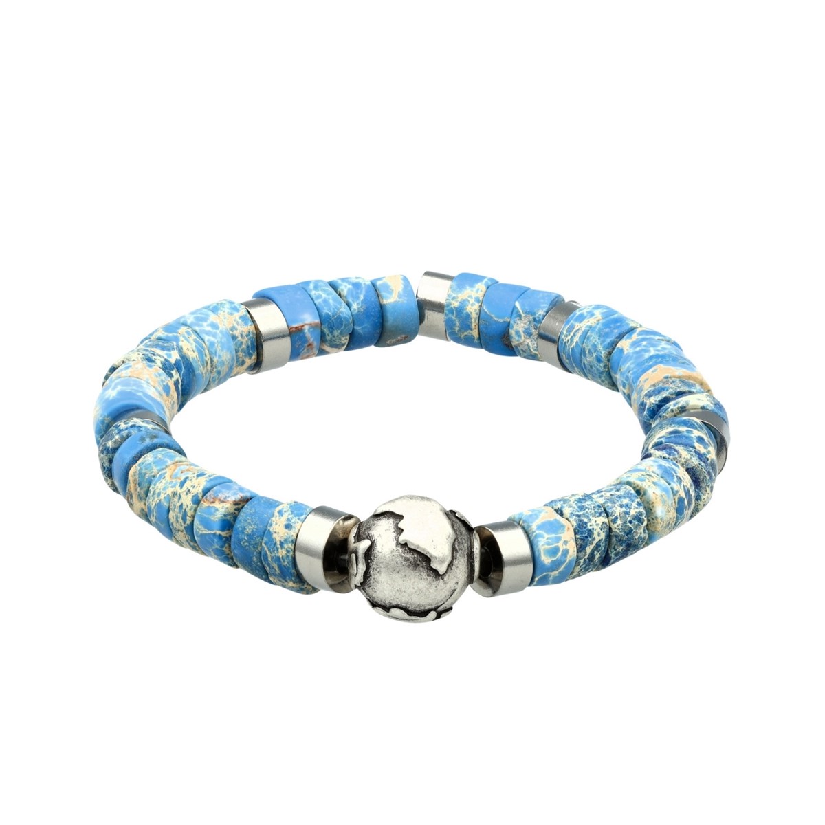 Bracelet Perles Heishi Pierres Naturelles Jaspe Impérial Bleu Planète Acier-XS-14cm