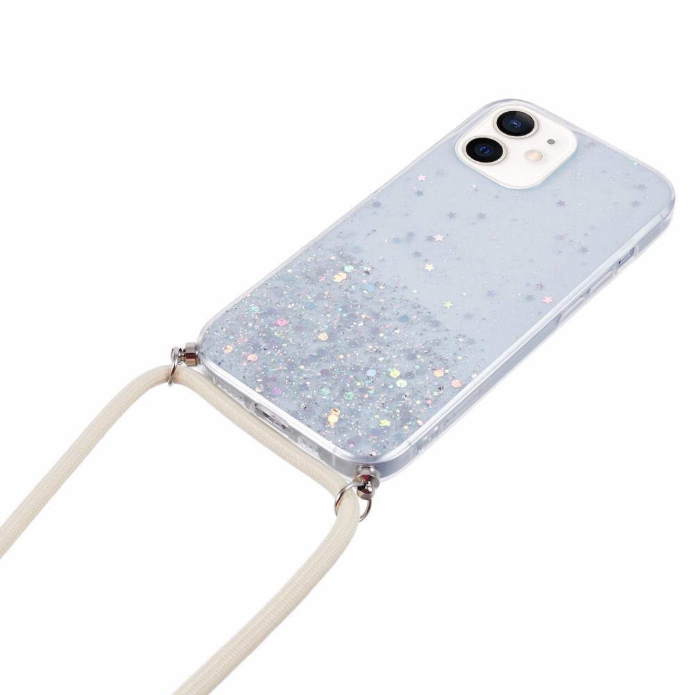 iPhone 12 / iPhone 12 Pro Necklace Gummi Hülle im Glitzer Design   Handykette (140cm) - Weiss / Transparent